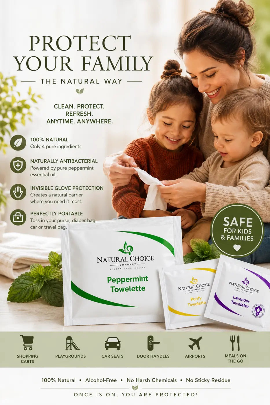A mother using a Natural Choice towelette with her children